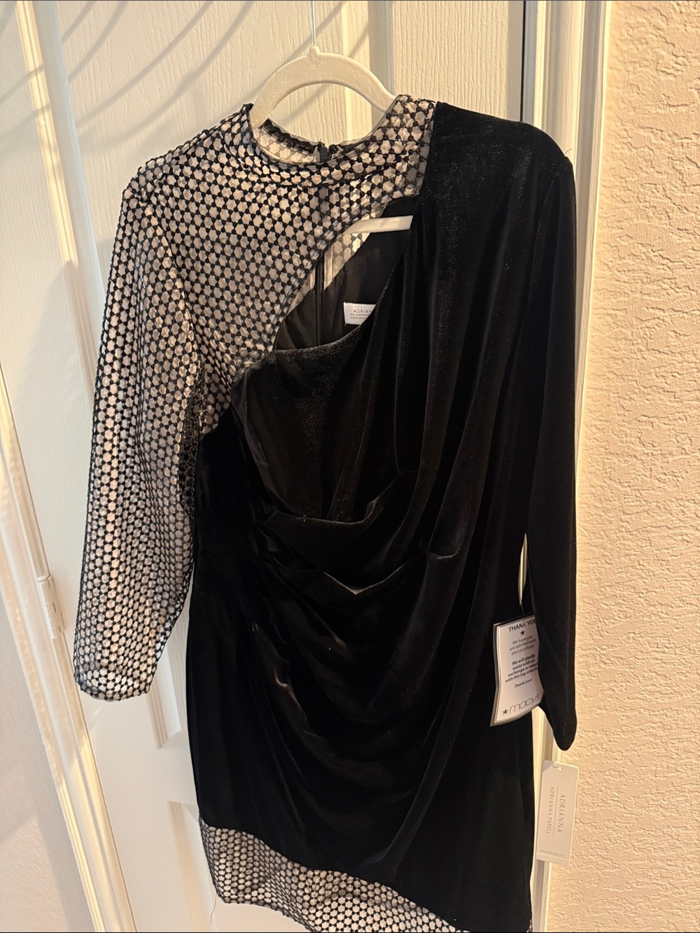 Adrianna Papell Black Velvet One-Shoulder Dress with Patterned Mesh Sleeve